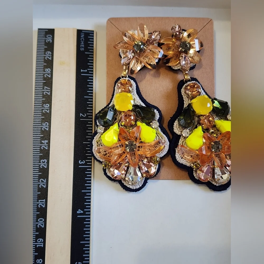 J. Crew NWT Yellow Orange Floral Beaded Rhinestone Stud Earrings